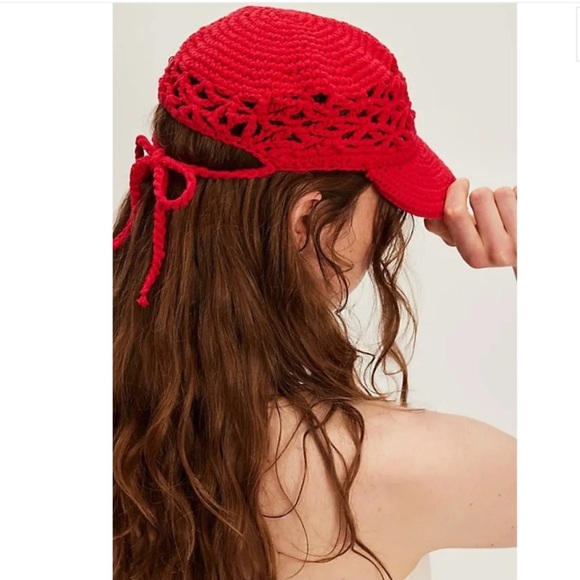 Free People Silvie Crochet Baseball Hat Cap Red boho hat new with tags - Picture 2 of 4